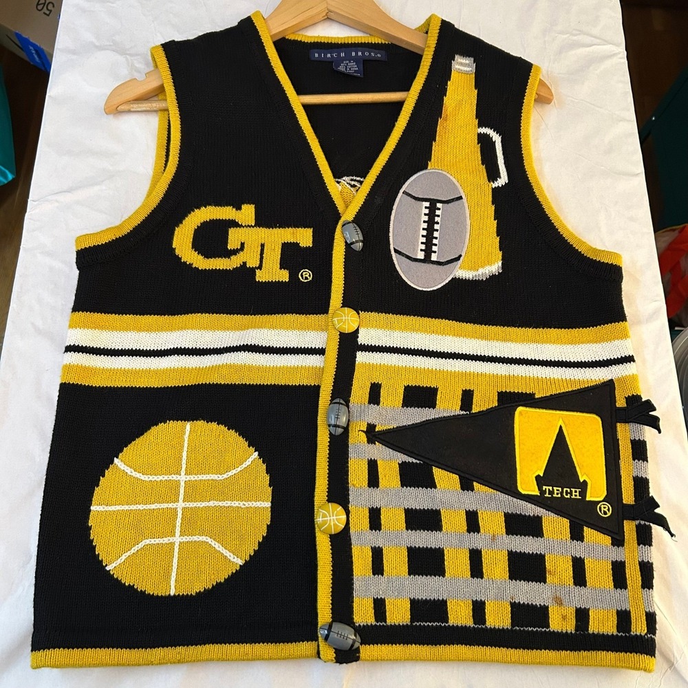 Vintage Georgia Tech Sweater Vest‎ Medium Gameday Black Yellow Jacket